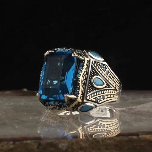 Vista 3 de 925 Sterling Silver Aquamarine Stone with Turquoise Stones Men Silver Ring, Handmade Blue Aquamarine Stone Men's Silver Ring, Vintage Men Ring