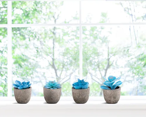 Vista 5 de Jelofly Plantas suculentas artificiales en maceta, 4 piezas de mini suculentas falsas con maceta de pulpa, suculentas artificiales decorativas