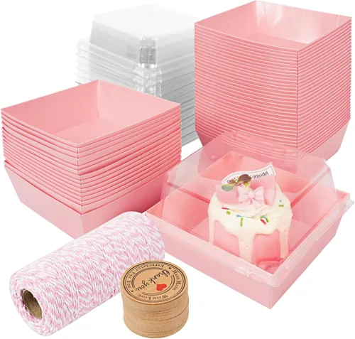 Vista 9 de Kosotody Paquete de 50 Cajas de Charcutería con Tapas Transparentes, 4 Pulgadas Cajas de Papel Kraft Marrón Resistente al Aceite para Panadería