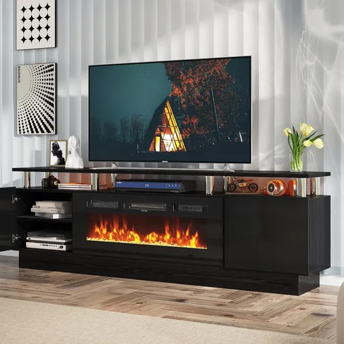 Vista 3 de oneinmil Soporte de consola de TV de 2 niveles con chimenea eléctrica de 36 pulgadas, centro de entretenimiento con luz LED para televisores