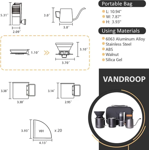 Vista 4 de Vandroop Juego de cafetera para verter sobre café, todo en 1, molinillo de café manual con rebabas cónicas de acero inoxidable, juego de gotero