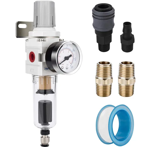 Vista 9 de NANPU 1" NPT Filtro de aire comprimido regulador combinado tipo piggyback, elemento de latón de 5 micrones, cuenco de policarbonato, desagüe