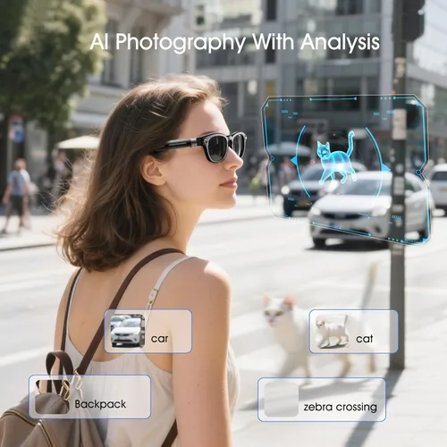 Vista 4 de Gafas de cámara de 8 MP, lentes inteligentes AI con traducción en tiempo real y análisis de objetos Grabación de video HD 1200P 4K, gafas de sol