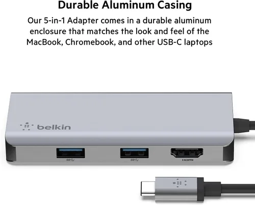 Vista 3 de Belkin Concentrador USB-C, estación de acoplamiento multipuerto USB-C 5 en 1 para MacBook y Windows con HDMI 4K 1.4, 2 USB-A 3.1, SD 3.0 y Micro SD