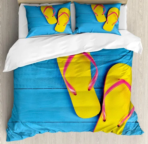 Vista 234 de Ambesonne Hawaii - Juego de funda de edredón de verano, palmeras y hojas exóticas de helecho, fondo colorido abstracto, juego de ropa de cama