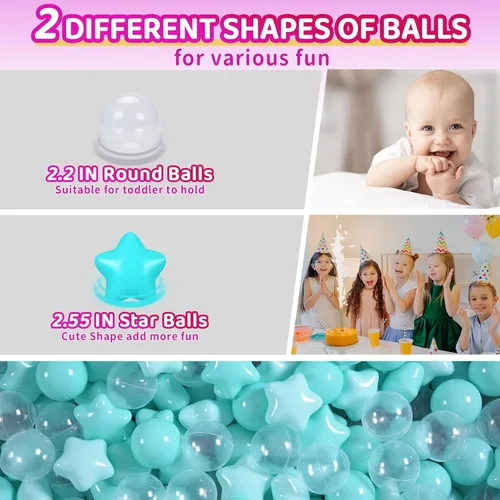 Vista 4 de Pelotas de Corral de Bolas Realhaha 50 100 200 500, Formas de Estrella para Bebés Niños Parque Infantil Bolas de Plástico para Bebés Piscina