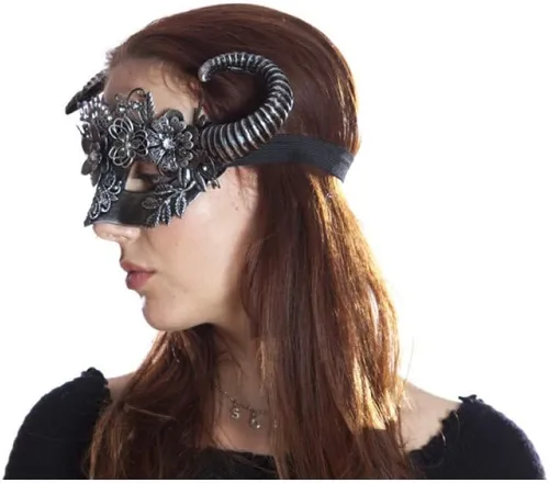 Vista 2 de Antifaz Steampunk de plata antigua con cuernos flores criatura mística adulta, plateado