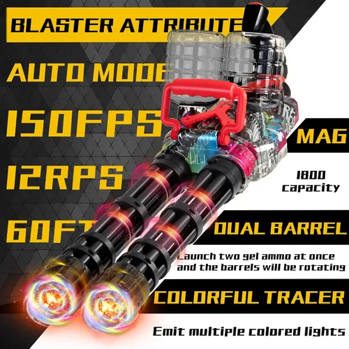 Vista 3 de Gatling - Juguete de gel Splat Blaster Gatling - Barriles giratorios duales - Luz LED colorida - Totalmente automático - Batería recargable de 7.4 V