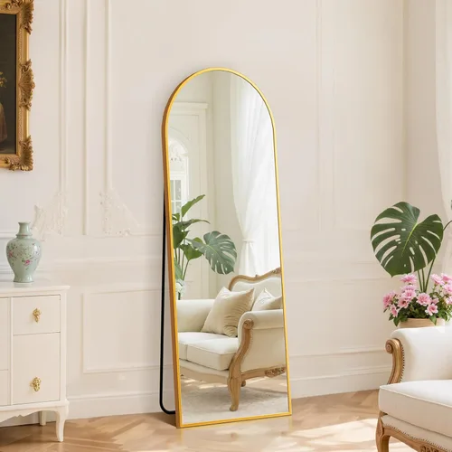 Vista 38 de DUMOS - Espejo de pie arqueado de cuerpo completo con soporte, marco de aluminio, para colgar o apoyar, nanocristal inastillable, para decorar