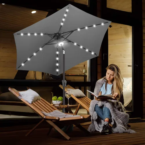 Vista 6 de FLAME&SHADE - Sombrilla para exteriores con alimentación solar de 7.5 pies, con luces LED y función de inclinación, color carbón