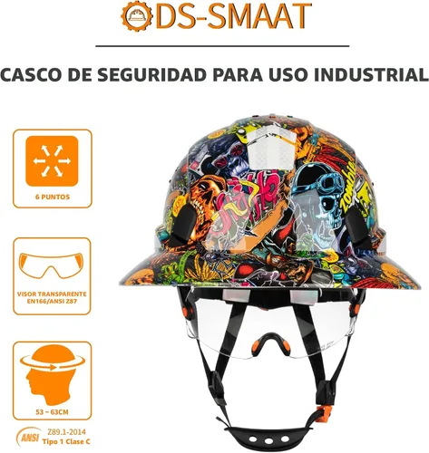 Vista 5 de Casco duro de ala completa con visera, casco de seguridad de suspensión de trinquete de 6 puntos, protección superior de impacto para la cabeza