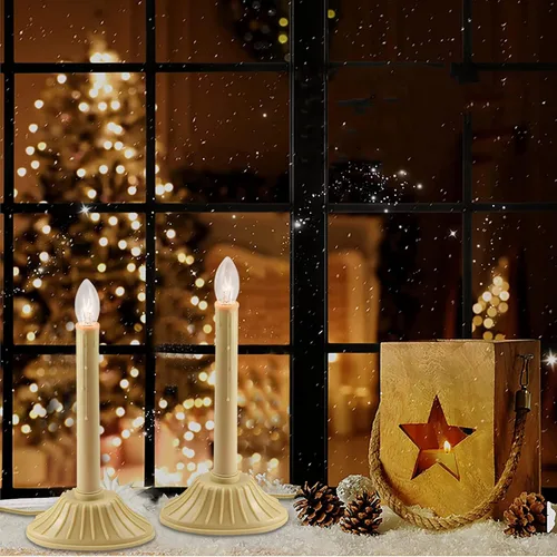 Vista 3 de 1 vela eléctrica de Navidad para ventana, paquete de 2 lámparas eléctricas para ventana con 4 bombillas C7 transparentes (2 de repuesto), velas