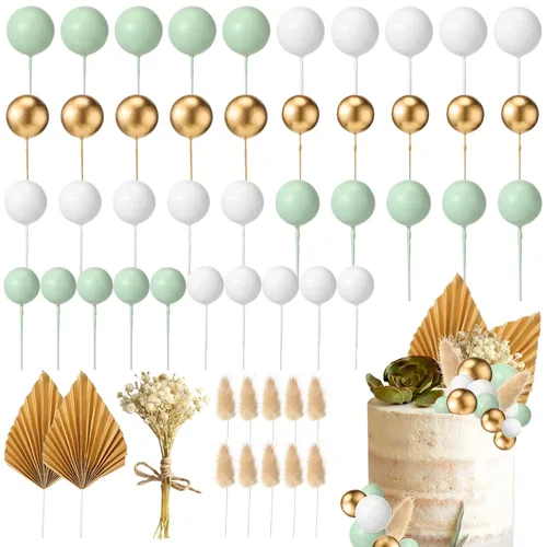 Fumete Kit de decoración rústica bohemia para tartas, 40 bolas de espuma, 2 hojas de abanico de papel, 10 hojas de césped bohemio, 2 hojas de dorado.