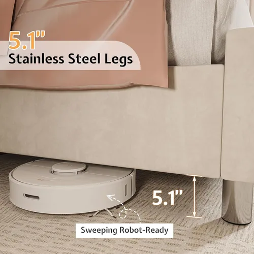 Vista 7 de Jocisland Base de cama tapizada de terciopelo tamaño King, con plataforma capitoné de perfil bajo, cabecera con alas elevadas, soporte de listones