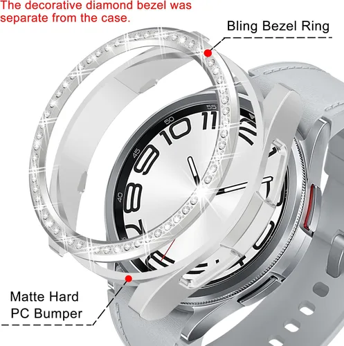 Vista 3 de Funda de reloj 2 en 1 para Samsung Galaxy Watch 6 Classic de 1.693 in (SM-R950), cubierta protectora de policarbonato con anillo bisel de diamantes