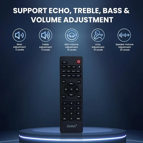 Vista 3 de RHM Máquina de karaoke K888 con sonidos potentes y claros, 2 micrófonos inalámbricos y ajuste de eco, agudos y bajos, 8 horas de reproducción