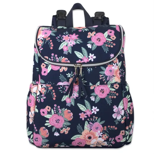 Vista 4 de Mochila de pañales floral multifunción y bolsa de pañales de viaje con cambiador y correas para cochecito, Azul Floral, Mochila