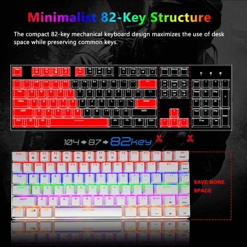 Vista 3 de Teclado mecánico para juegos con cable USB de metal mecánico azul teclado para juegos de computadora con retroiluminación LED arcoíris