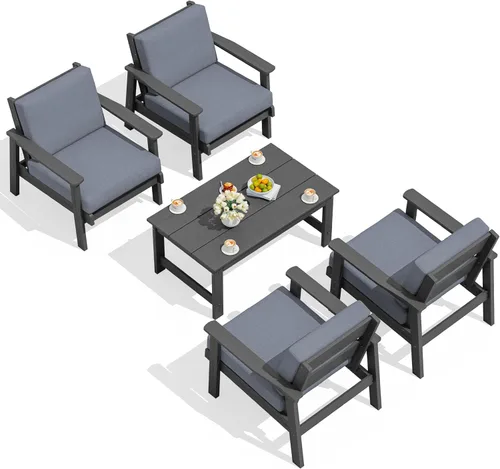 Vista 32 de SERWALL Sofá biplaza para patio al aire libre de HDPE, para todo tipo de clima, muebles de exterior de HDPE, marco negro y cojín gris