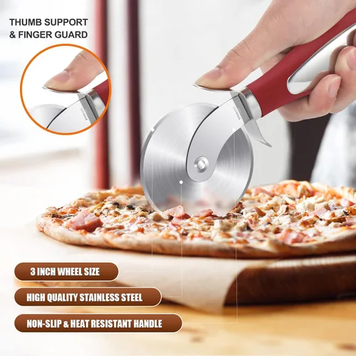 Vista 3 de SCHVUBENR Rueda cortadora de pizza de alta calidad, acero inoxidable, fácil de cortar y limpiar, rebanadora de pizza súper afilada, apta para Rojo