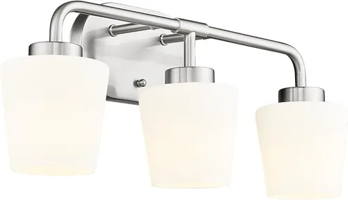 Vista 16 de AD-22004-2W-SN - Lámparas de baño sobre espejo, 2 luces de níquel cepillado con vidrio blanco leche, apliques de pared vintage de granja