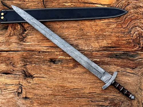 Vista 3 de Espada vikinga de acero de Damasco hecha a mano/espada medieval con funda de cuero.
