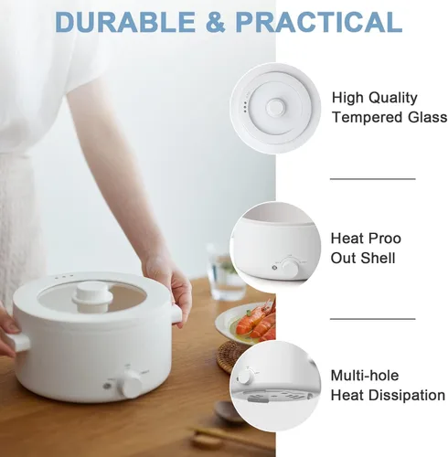 Vista 6 de Olla Caliente Eléctrica de 2L, Sartén Antiadherente de Esmalte Cerámico, Olla Caliente Portátil con Doble Ajuste de Potencia, Cocina Eléctrica