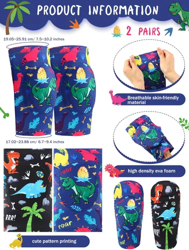 Vista 2 de 2 pares de rodilleras para niños, de dinosaurio, antideslizantes, acolchadas, de esponja, transpirables, flexibles, rodilleras elásticas para niños