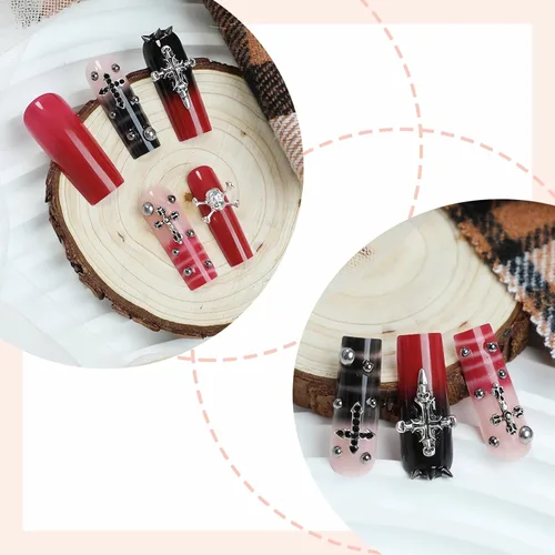 Vista 3 de MISUD - Uñas postizas largas cuadradas con pegamento de Rojo Gótico y Negro, diseño cruzado gótico Y2K acrílico, 24 piezas