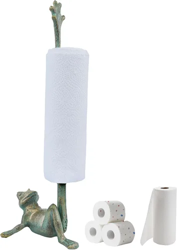 Toallero de papel de rana verde dorado de 16.5 pulgadas para baño y cocina, soporte de rollo de papel de pie de hierro fundido caprichoso, soporte
