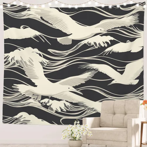 Vista 27 de Batmerry Maritime Ocean Tapestry, Anchors Wave Nautical Wall Art Hanging Decoration Polyester Fiber White Ruffled Around For Dorm Room Bedroom