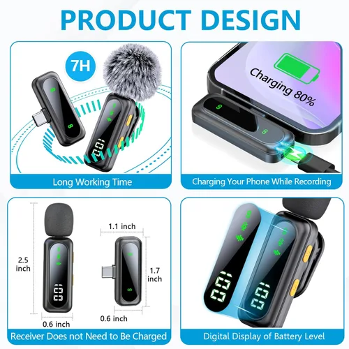 Vista 6 de Micrófono Mini para iPhone 15 16/iOS/Dispositivos Android, Micrófonos Inalámbricos con Pantalla LED para Grabación de Video, Micrófonos Lavalier