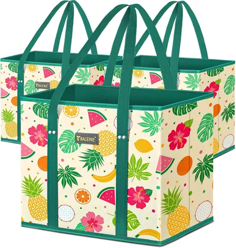 Vista 26 de BALEINE Paquete de 3 bolsas reutilizables para comestibles, bolsas de compras plegables para comestibles con parte inferior reforzada y asas Follaje