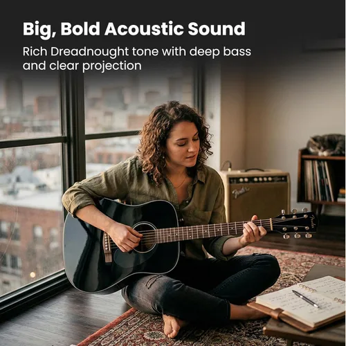 Vista 4 de Fender Dreadnought - Guitarra acústica - Paquete negro con estuche, afinador, correa, cuerdas, devanador de cuerdas, púas y DVD instructivo
