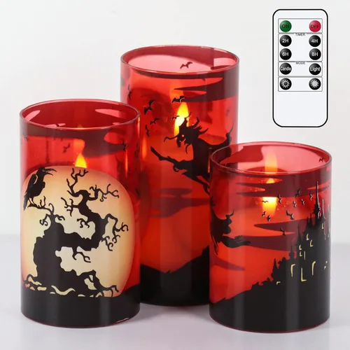 Vista 16 de Eldnacele Velas LED sin llama parpadeantes de Halloween, funcionan con pilas, con temporizador de 6H, calcomanías de calavera, telaraña, cuervo