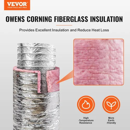 Vista 2 de VEVOR - Conducto flexible aislado de 4 pulgadas R-6.0, 25 pies de largo con 2 abrazaderas para conductos, manguera de conducto de aire de protección