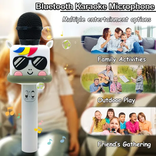 Vista 5 de Micrófono de karaoke para niños y niñas, máquina de micrófono de juguete inalámbrico con 4 cambios de sonido, regalo de canto de mano, para Navidad
