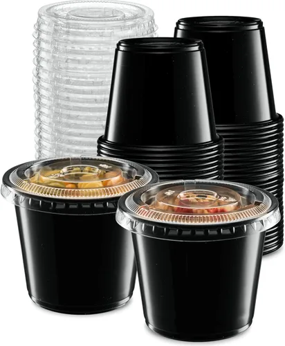 Vista 14 de {1.5 oz – 100 juegos} Vasos de plástico transparente con tapas, pequeños recipientes pequeños para control de porciones, chupitos de gelatina