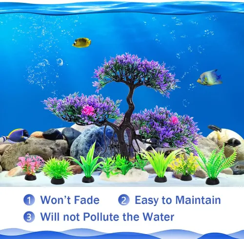 Vista 4 de Decoraciones de acuario para pecera, plantas de plástico artificiales, árbol bonsái con kit de decoración de acuario pequeño (morado 2)