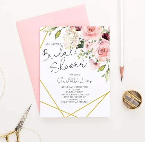 Vista 3 de Modern Pink Paper Invitaciones florales para despedida de soltera, elegantes invitaciones de despedida de soltera, cantidad y color de sobre a