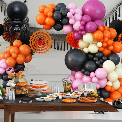 Vista 7 de Kit de guirnalda de globos de Halloween, kit de arco de globos de Halloween negro, naranja, rosa, con globo amarillo pastel, araña, fantasma