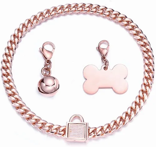 Vista 7 de Collar de perro con cadena de oro rosa de 0.394 pulgadas/0.555 pulgadas, collar de perro con eslabones cubanos a prueba de mordidas, collar
