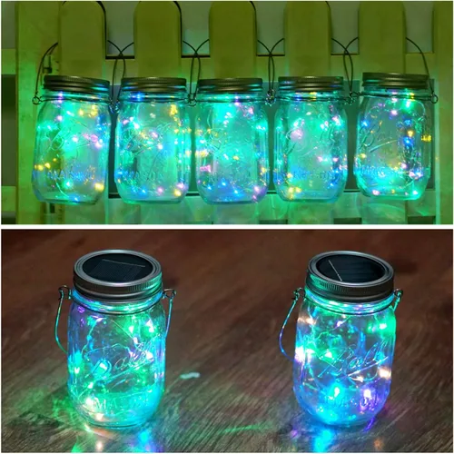 Vista 7 de SmilingTown Guirnalda de luces solares para tarros de masón, paquete de 12 unidades, 30 luces LED de luciérnaga con 12 perchas impermeables