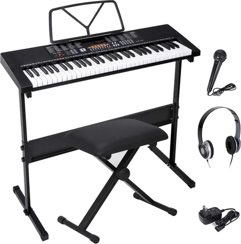 Saturnpower 61-Key Portable Electronic Keyboard Piano with Built In Speakers, Headphones, Microphone, Dual Power Supply, Piano Stand, Music Sheet