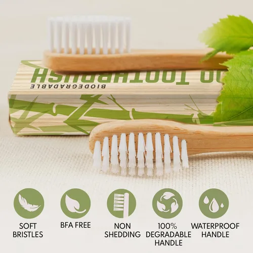 Vista 5 de Cepillo de dientes de madera de bambú natural, cerdas blancas suaves de 24k Organic- biodegradable, sin BPA, ecológico, respetuoso con el medio