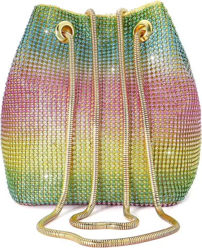 Ayliss Bolso de cubo completo con diamantes de imitación para mujer, minihombro cruzado pequeño, bolso de mano brillante de noche