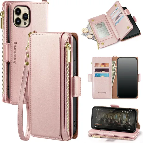 Vista 8 de Antsturdy Funda tipo cartera compatible con iPhone 12 Pro Max para mujeres y hombres, funda de piel sintética con bloqueo RFID, funda cruzada