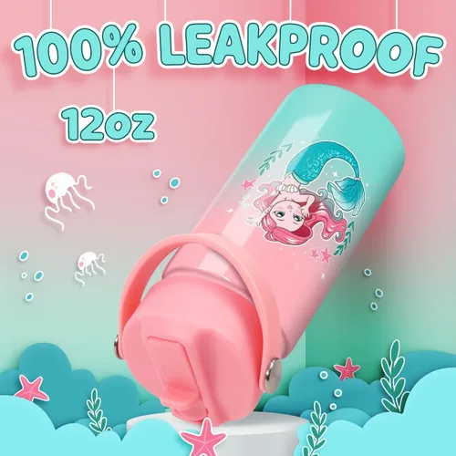 Vista 5 de Botella de agua de sirena para niñas, botella de agua para niños con tapa con popote, botellas de agua aisladas de acero inoxidable de 12 onzas