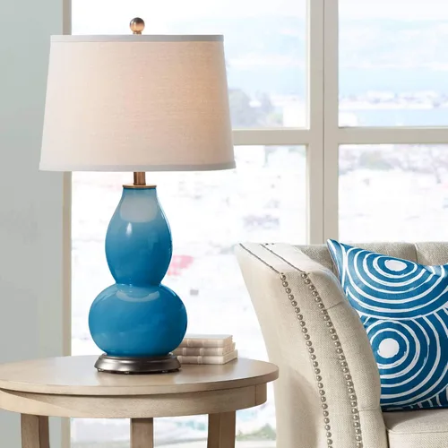 Vista 15 de Color + Plus Double Gourd 28 3/4" Tall Modern End Table Lamp Placid Blue Bronze Finish Glass Single Fabric Off-White Shade Living Room Bedroom