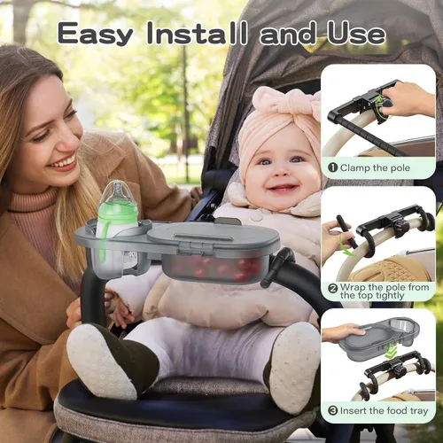 Vista 6 de 3-in-1 Universal Stroller Snack Tray Attachment with Dust Cover Sturdy Stroller Cup Snack Holder Clamp & Silicone Arms Grip Design Baby Travel Gear